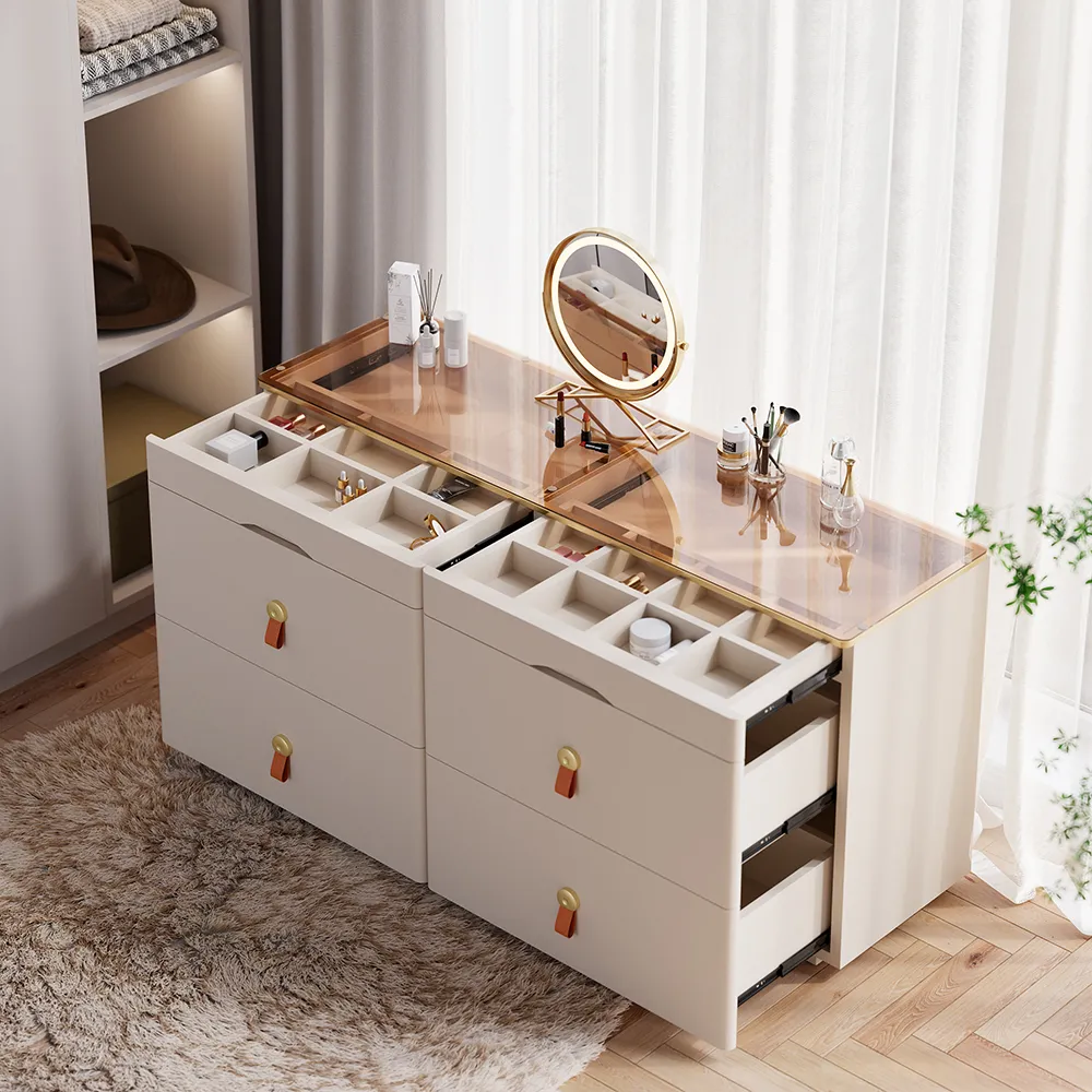 Glass 120 cm W Modern Champagne Dresser 6 Drawer Closet Island with Jewellery Display Storage