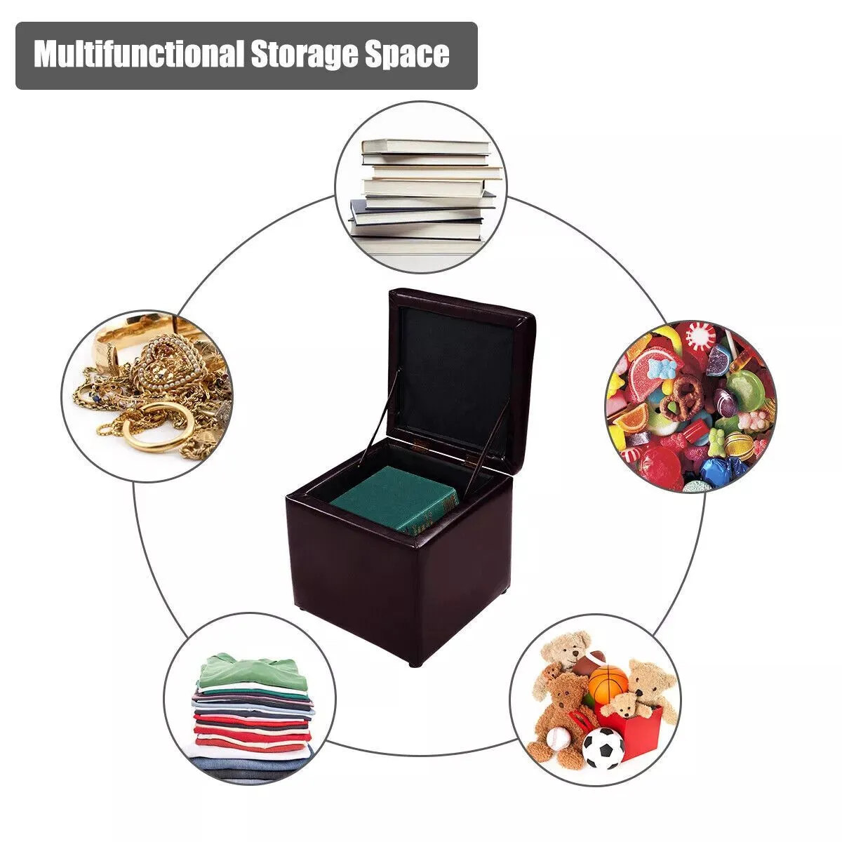 Costway Faux Leather Storage Ottoman Cube Pouffe Storage Toy Box Padded Foot Stool in Brown 5