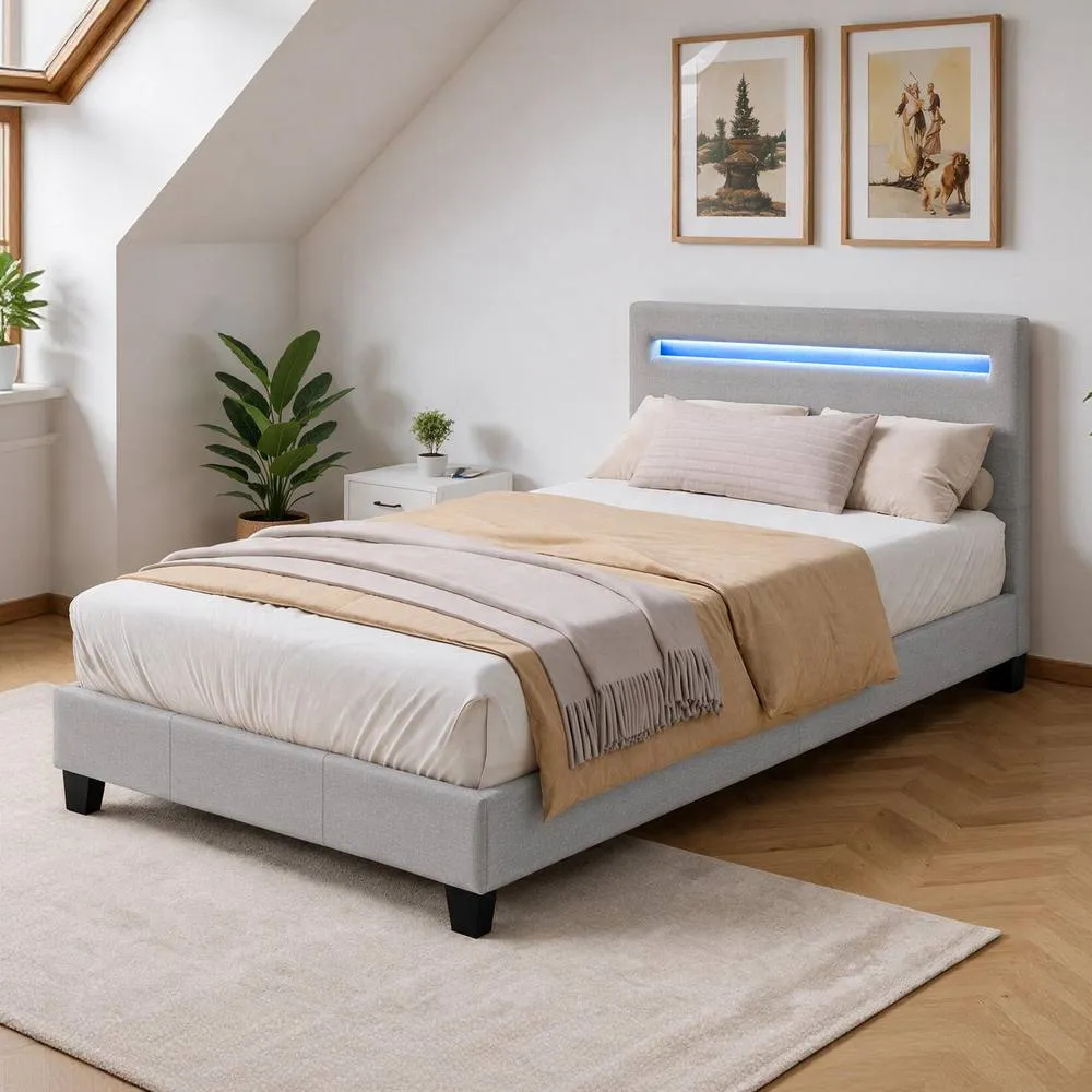 Comfy Living Ltd Modern Hopsack Fabric Upholstered Bedframe With LED Strip in Light Grey 3