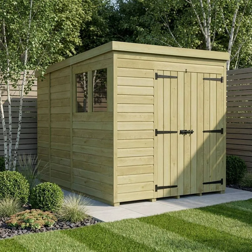 Buttercup Farm 6ft x 9ft Pent Garden Shed Double Door With Windows - Timber in Brown 2