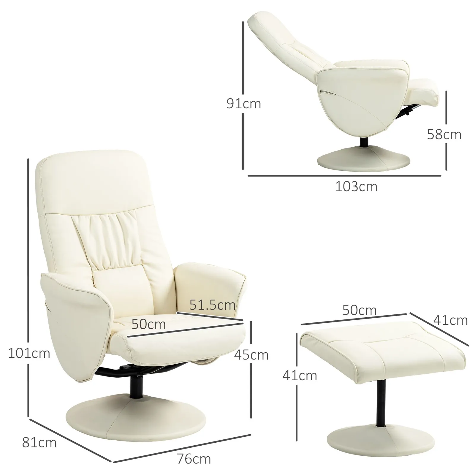 HOMCOM PU Leather Armchair & Footrest Swivel Recliner w/ Ottoman Cream White 3