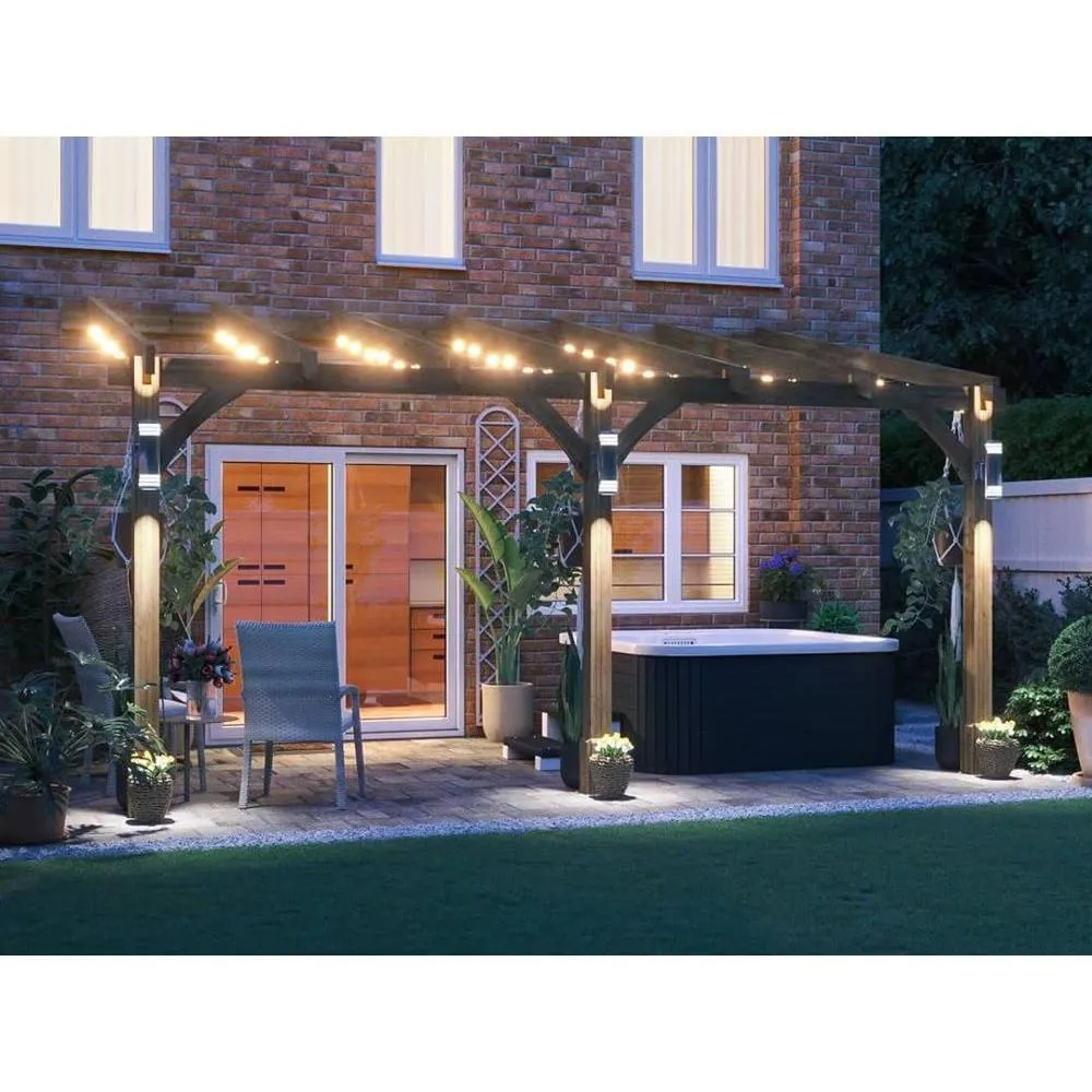 Dunster House Wooden Lean-To Pergola 5m x 3m Wall Mounted, Leviathan in Brown 3