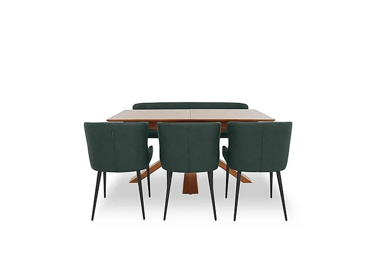 Hanoi Extending Dining Table with Wooden Base and 3 Faux Leather Chairs and a Bench - Bottle Green