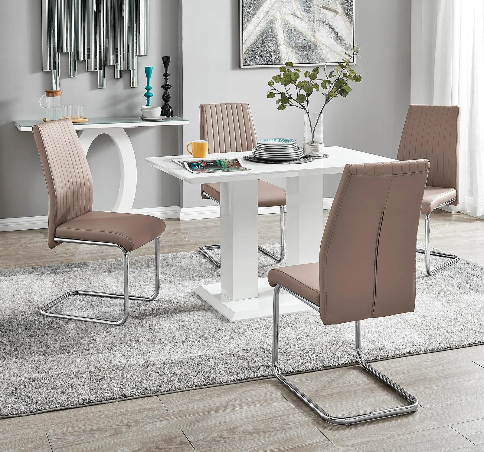 FurnitureboxUK Imperia 4 Seater Modern White High Gloss Rectangular Dining Table & 4 Lorenzo Faux Leather Chairs in Beige 1