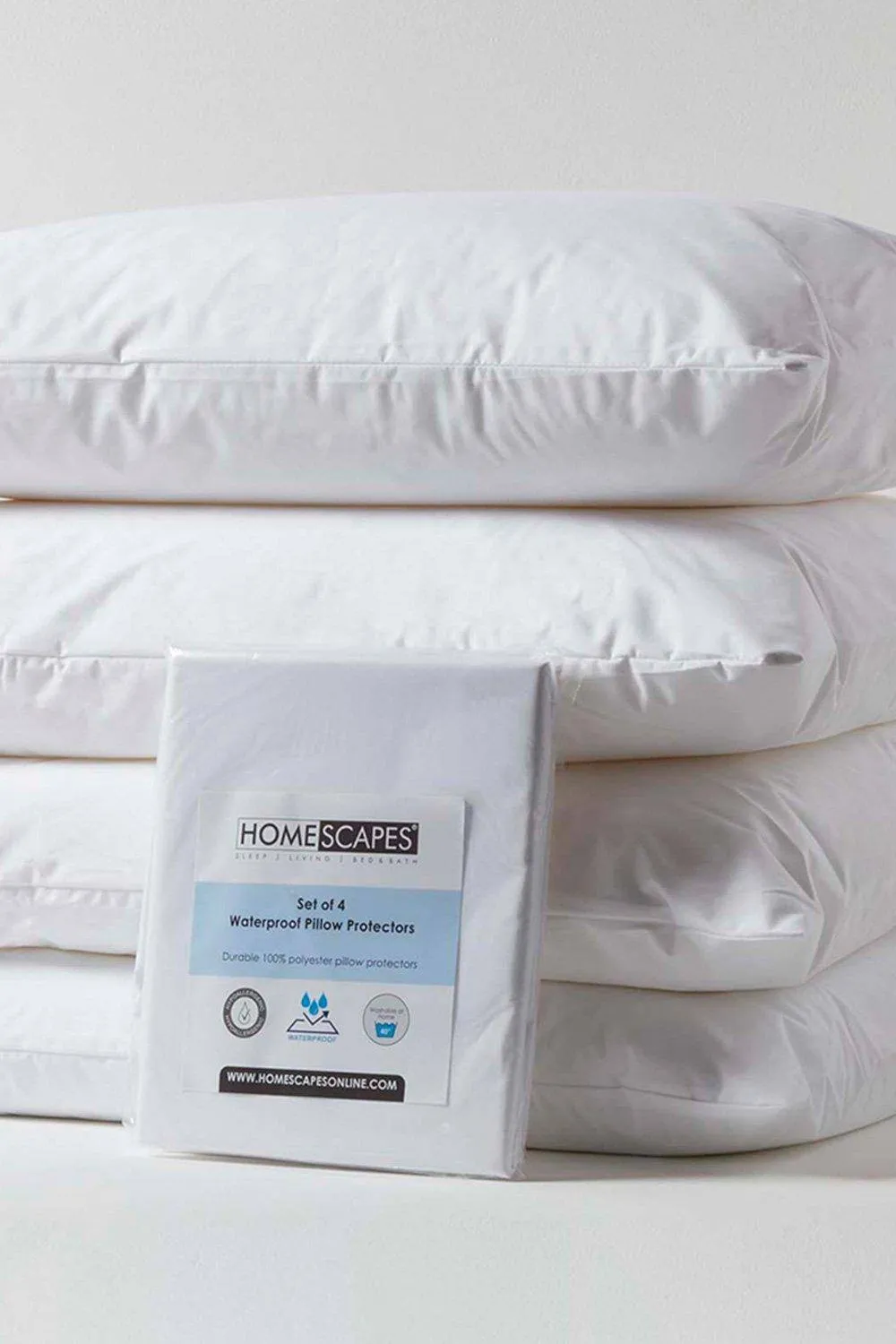 Homescapes Waterproof Pillow Protectors Standard Size, Pack of 4 in White