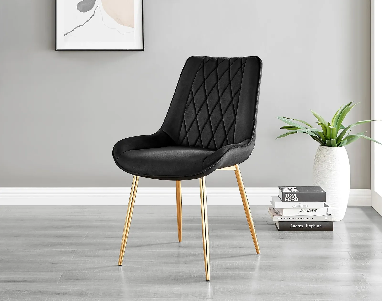 FurnitureboxUK Set of 2 Pesaro Luxury Soft Touch Diamond Pattern Velvet Dining Chairs With Gold Chrome Metal Legs in Black 2