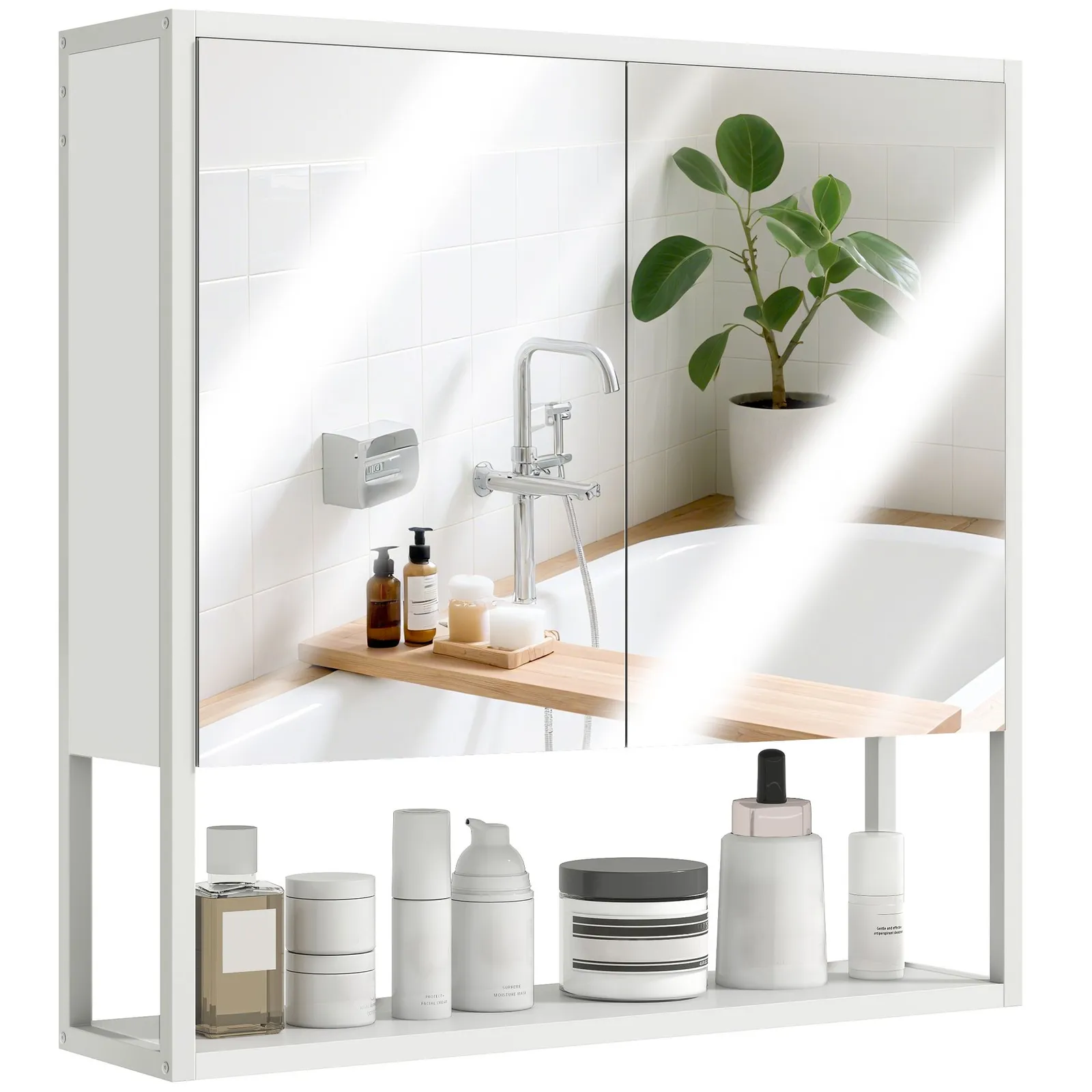 HOMCOM Industrial Bathroom Cabinet with 2 Mirrored Doors Open Shelf, White 2