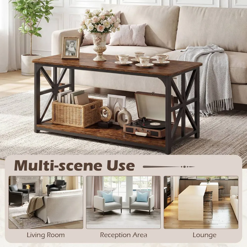 Costway Industrial Farmhouse Accent Table with Open Storage Shelf in Brown 3