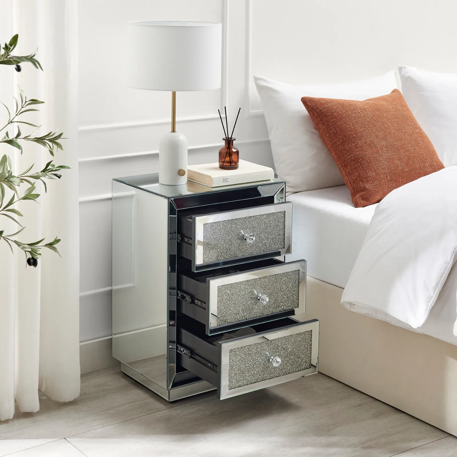 FurnitureboxUK Stella Crushed Diamond Effect Mirrored 3 Drawer Bedside Table in Silver 3