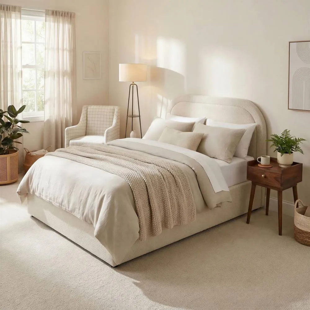 FurnitureboxUK Freja Beige Boucle Fabric Ottoman Double Bed Frame