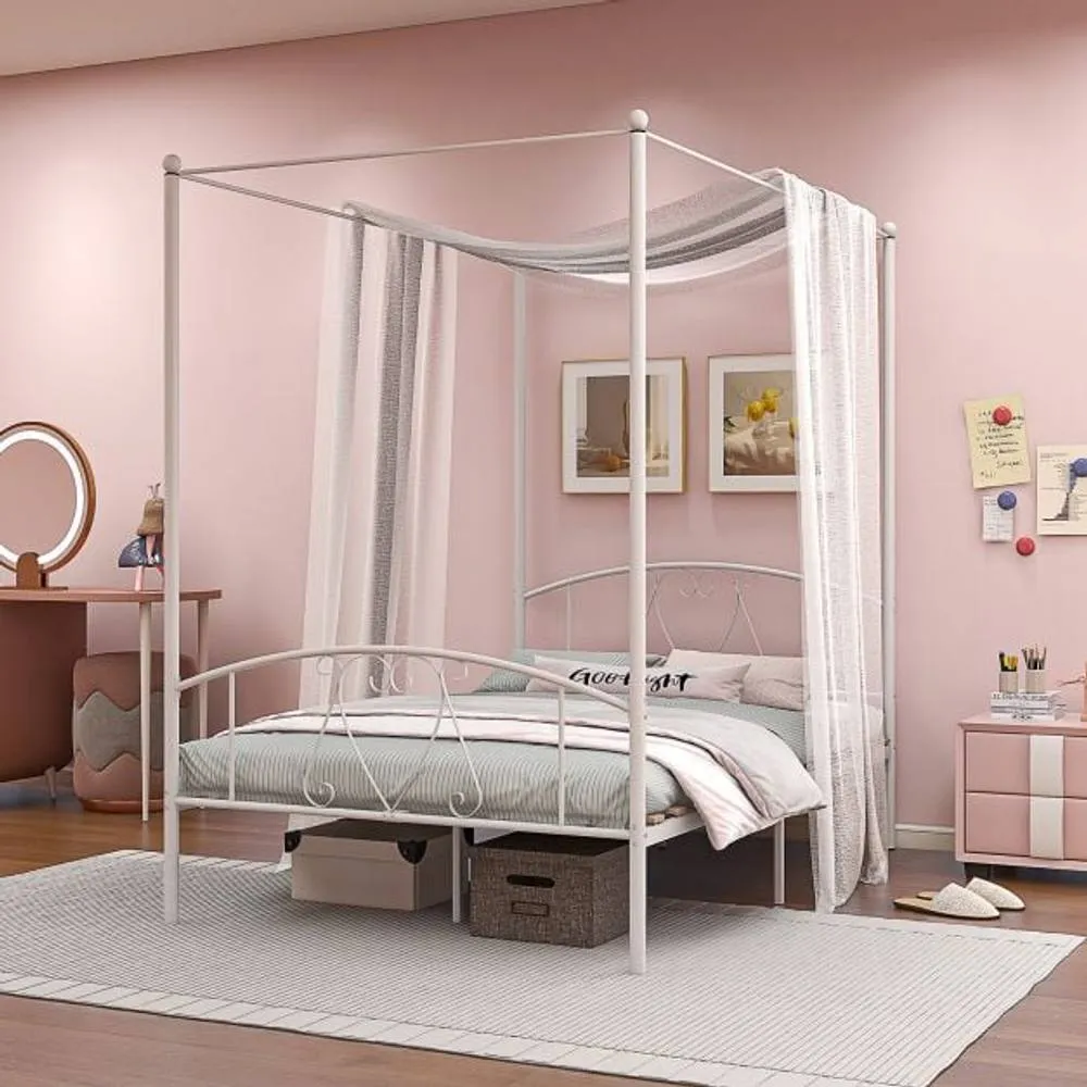 Costway Double Size Metal Canopy Bed Frame 4-Poster Modern Platform Wooden Slat Support in White