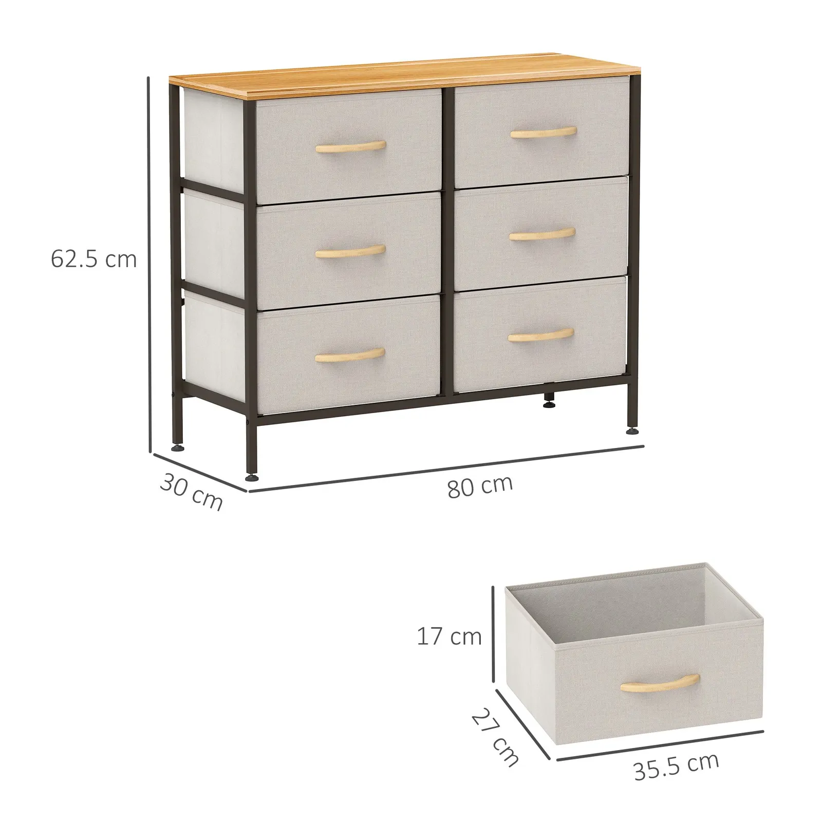 HOMCOM 6 Drawer Fabric Chest of Drawers w/ Wooden Top for Hallway Cream in Off-White 3
