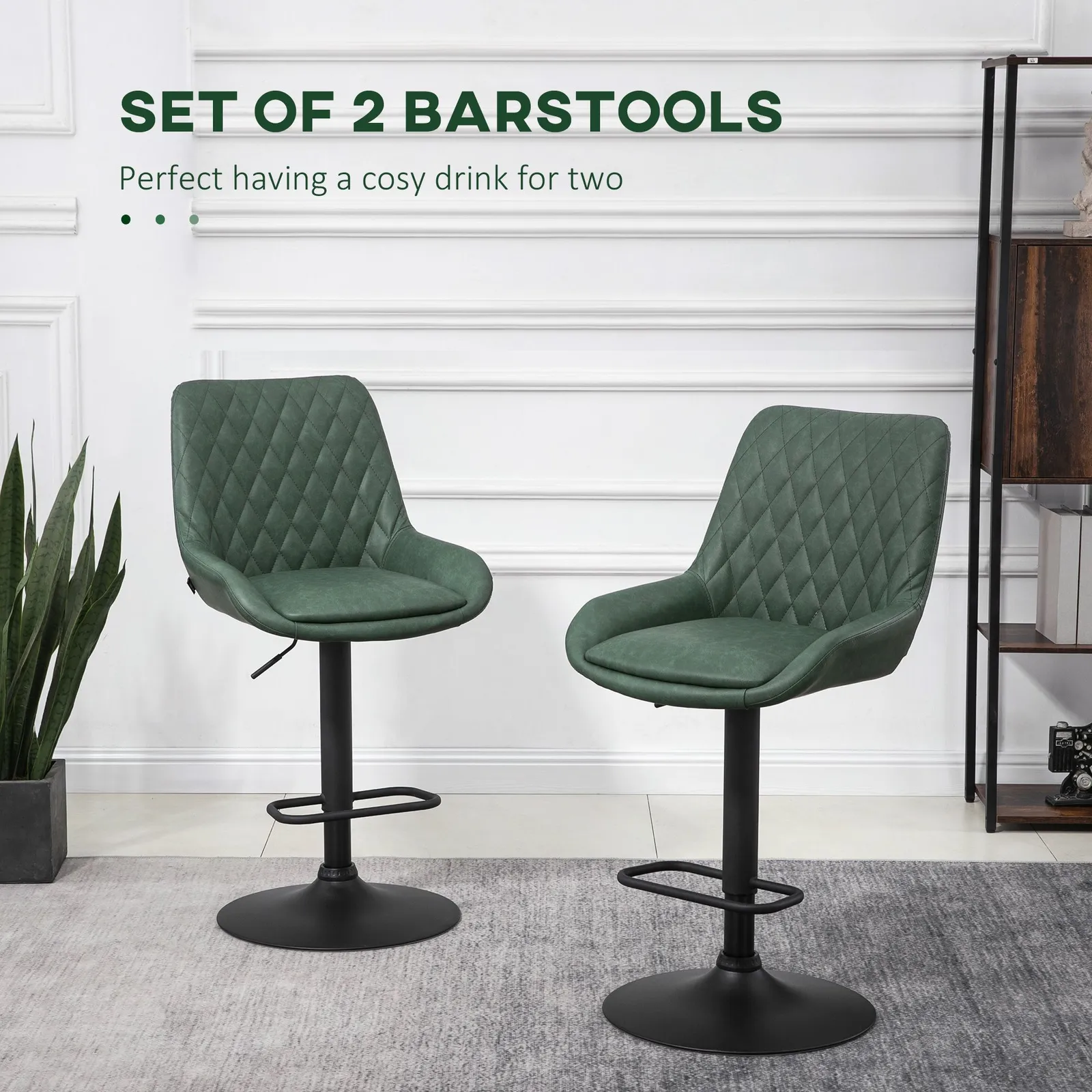 HOMCOM PU Leather Padded Bar Stools Set of 2 with Metal Base in Green 4