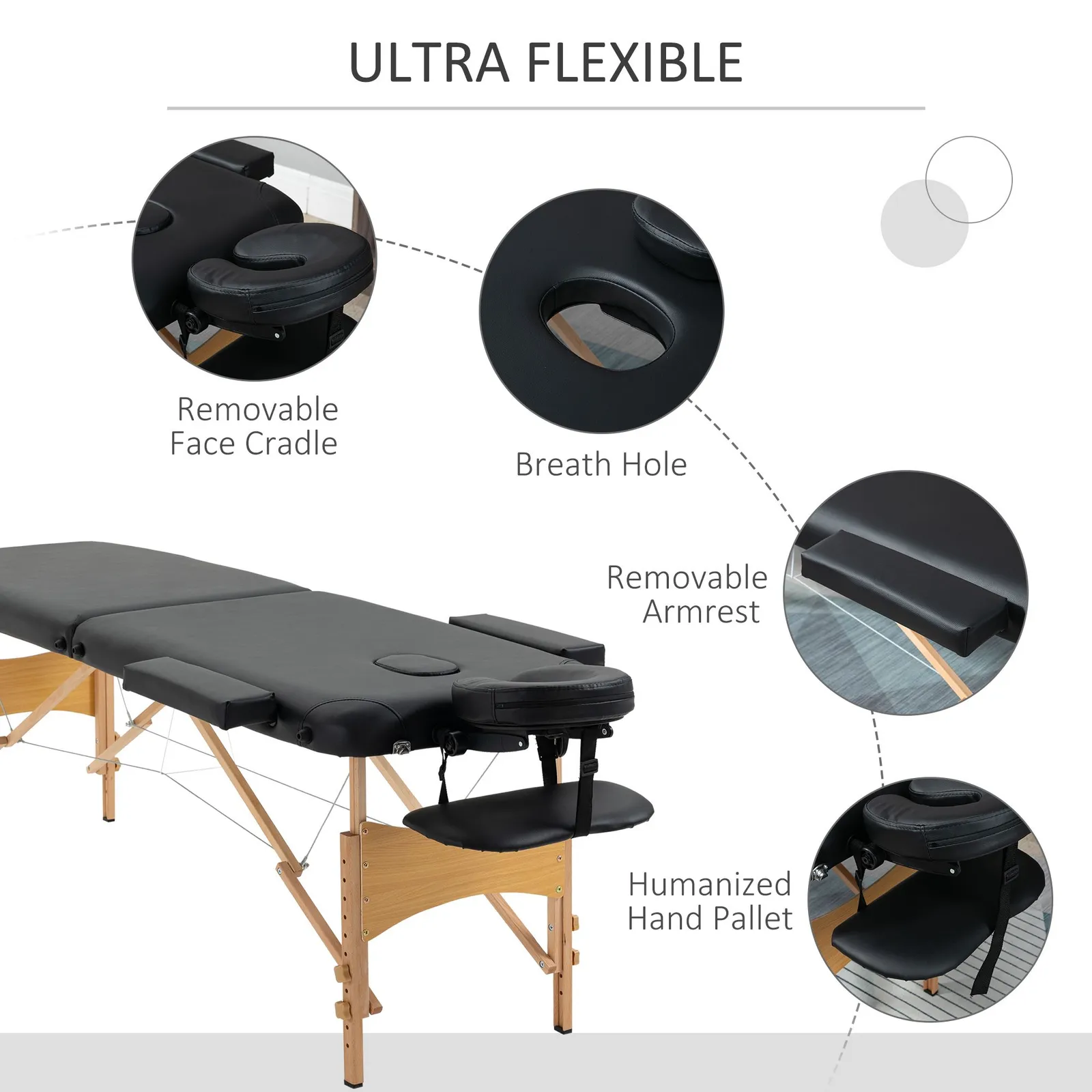 HOMCOM Wooden Folding Spa Beauty Massage Table w/ 2 Sections, Carry Bag in Black 5