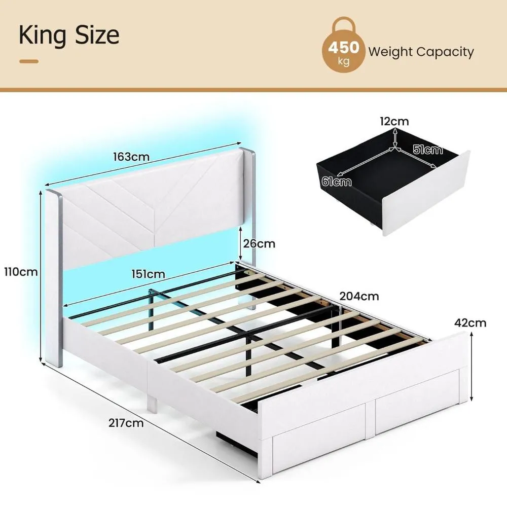 Costway King Size Bed Frame w/LED Lights Dutch Velvet Upholstered Platform Bed in Beige 4