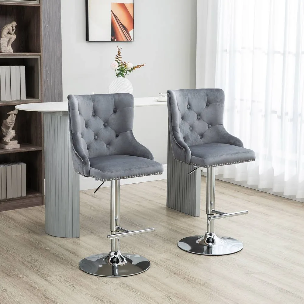 HOMCOM Bar Stools Set of 2, Swivel Velvet Barstools with Footrest, Grey 2