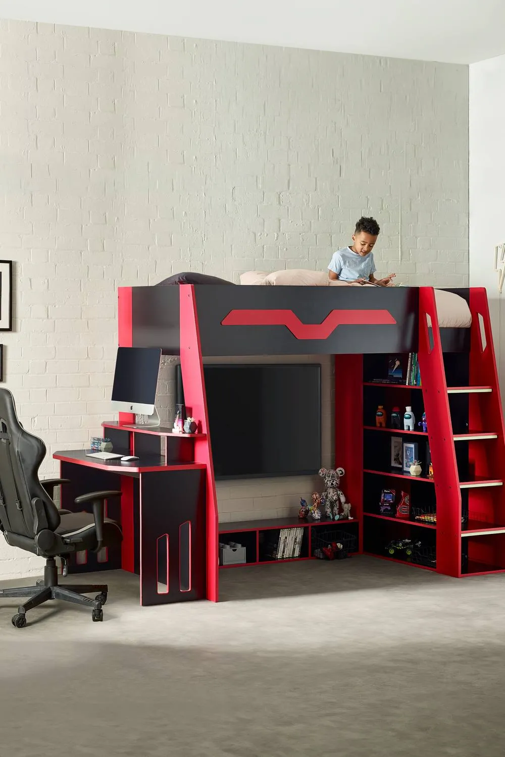 Julian Bowen Eagle Single Black & Red Gaming Highsleeper Loft Bed with Desk 3