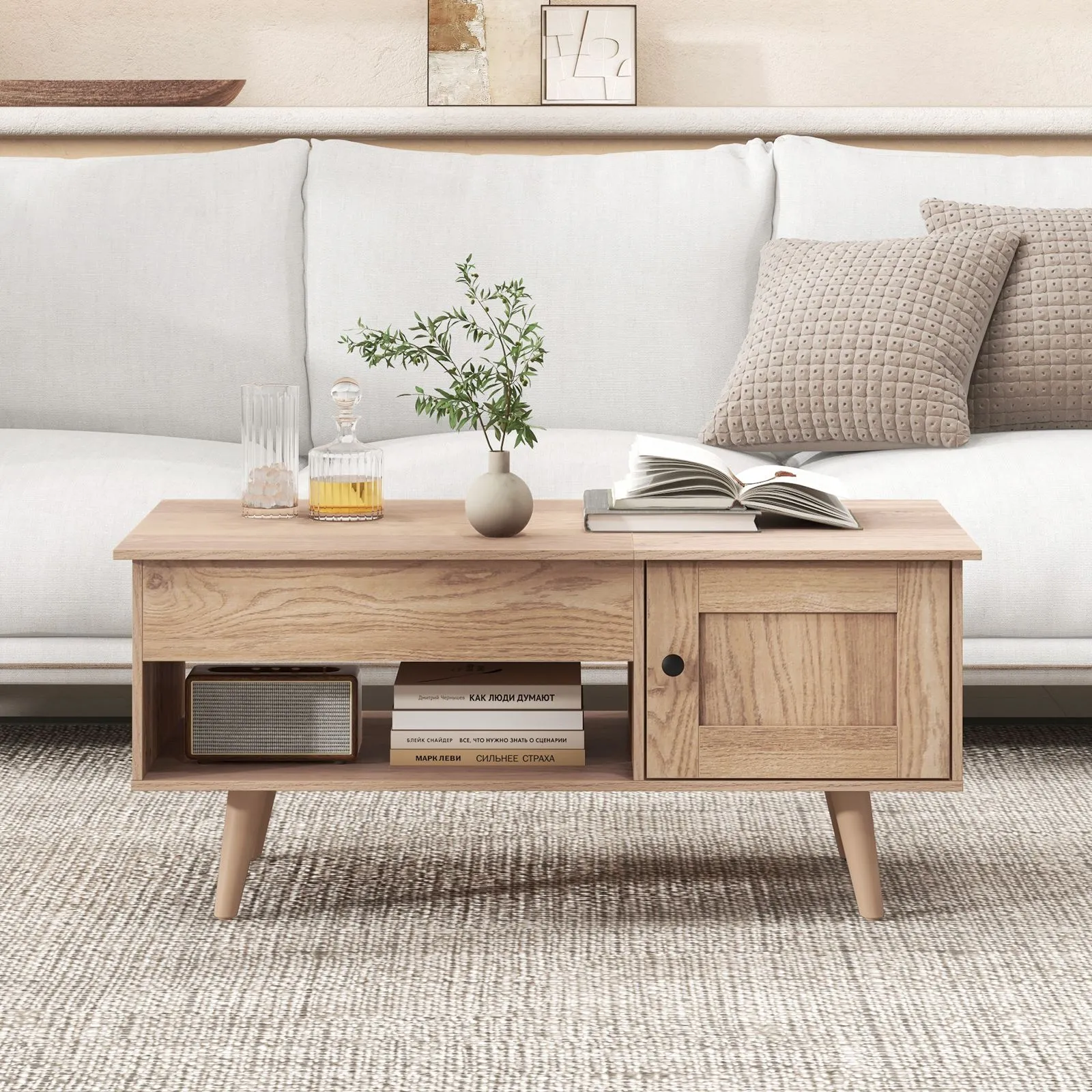 Costway Lift Top Coffee Table Pull up Coffee Table with Storage in Natural 4