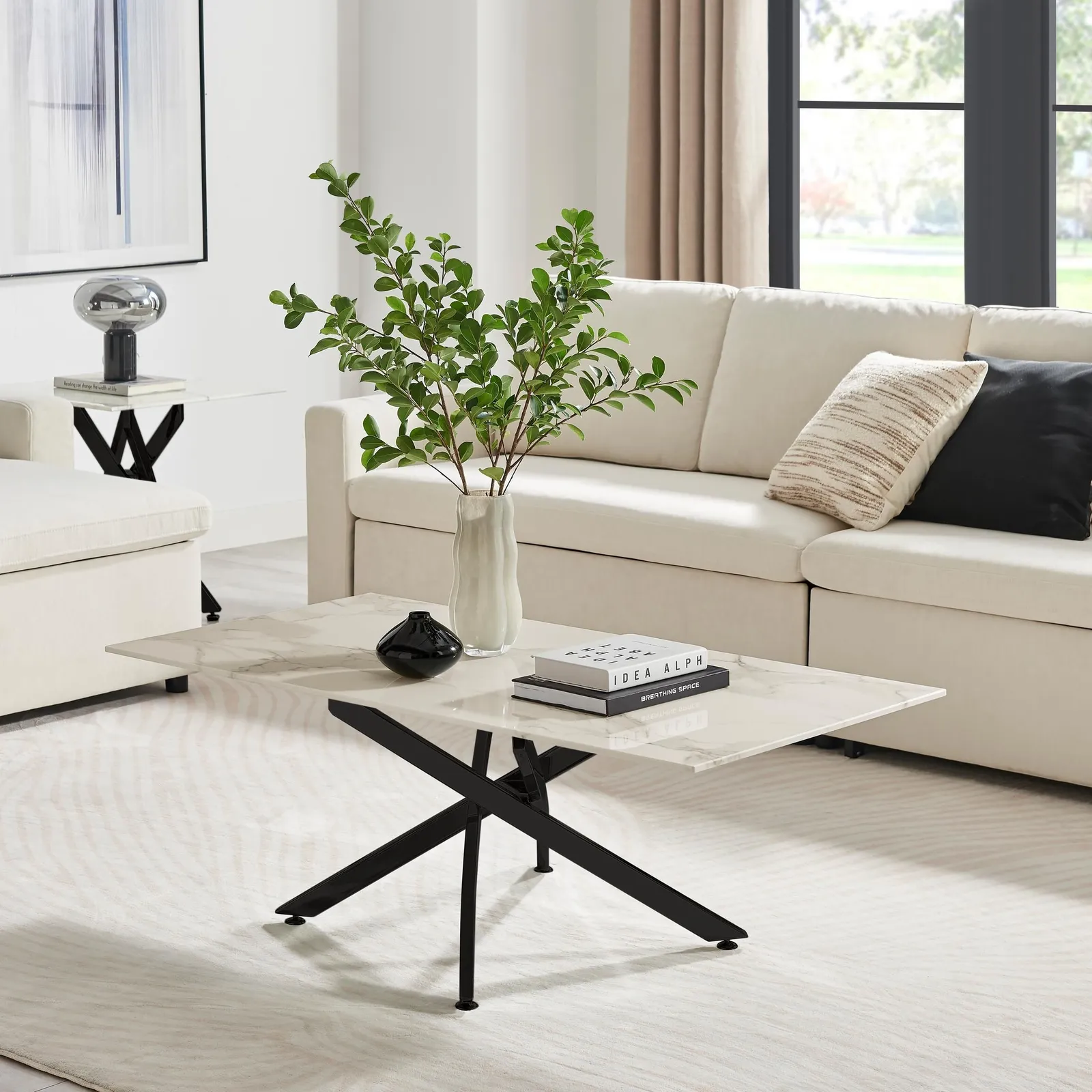 FurnitureboxUK Leonardo Rectangular Marble Effect Glass Top Coffee Table With Black Metal Starburst Legs in White 2