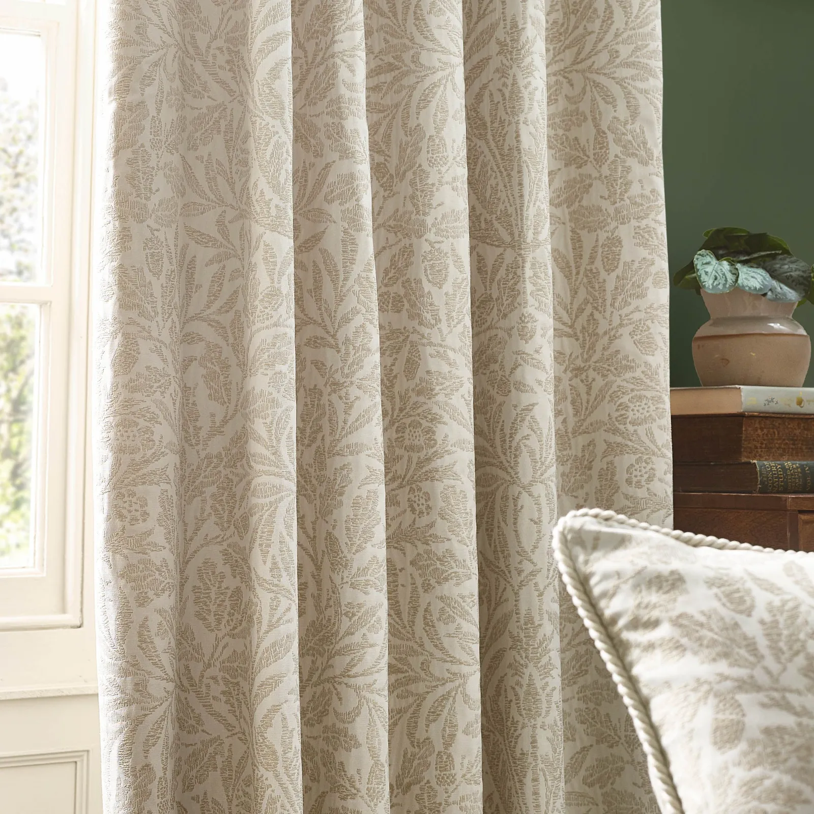 Morris & Co Acorn Tonal Fully Lined Matt Jacquard Pencil Pleat Curtains in Ivory 5