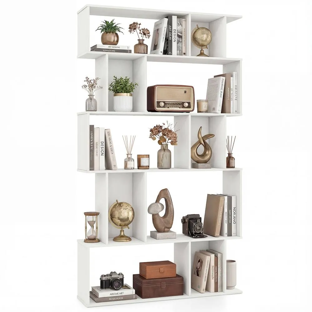 Costway Geometric Bookshelf 5-Tier Bookcase with Open Shelves in White 6