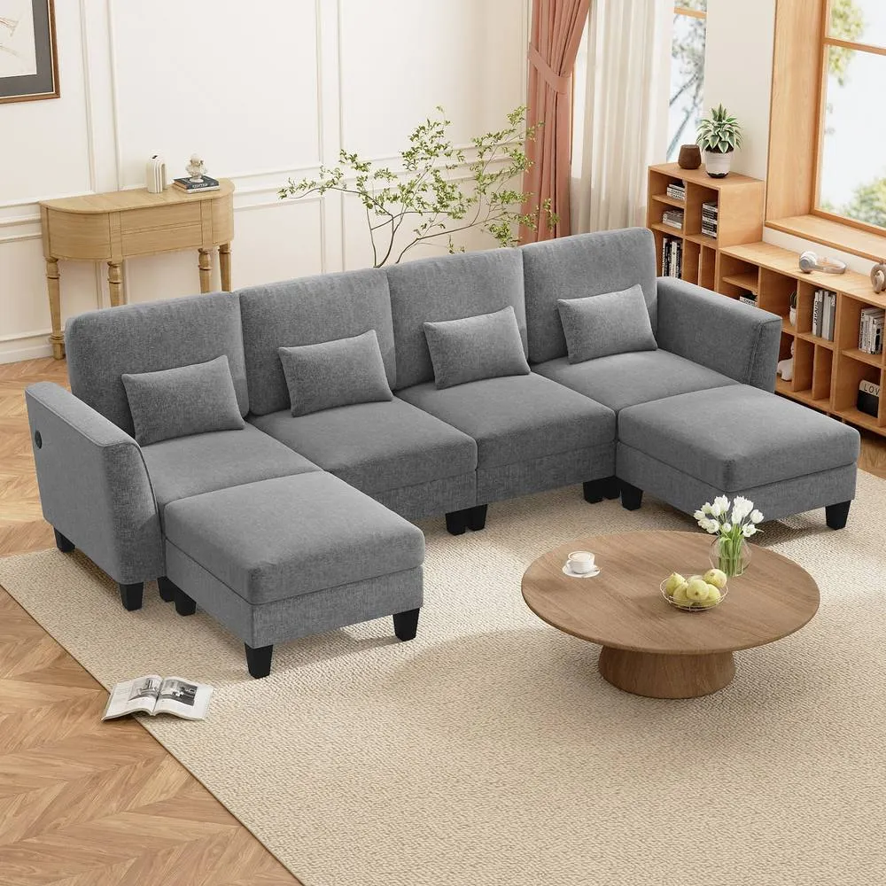 Costway Sectional Sofa with 2 Ottomans 4 Seat Sofa Set with Double Chaise in Grey 4