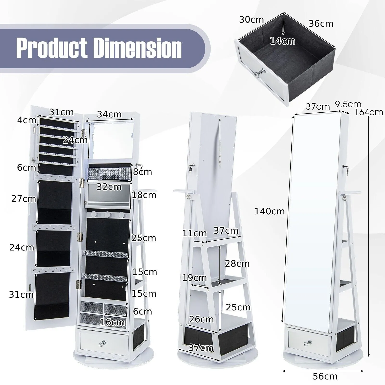 Costway Floor Standing Swivel Jewelry Cabinet Lockable Jewelry Armoire w/ FullLength Mirror &Lights in White 2