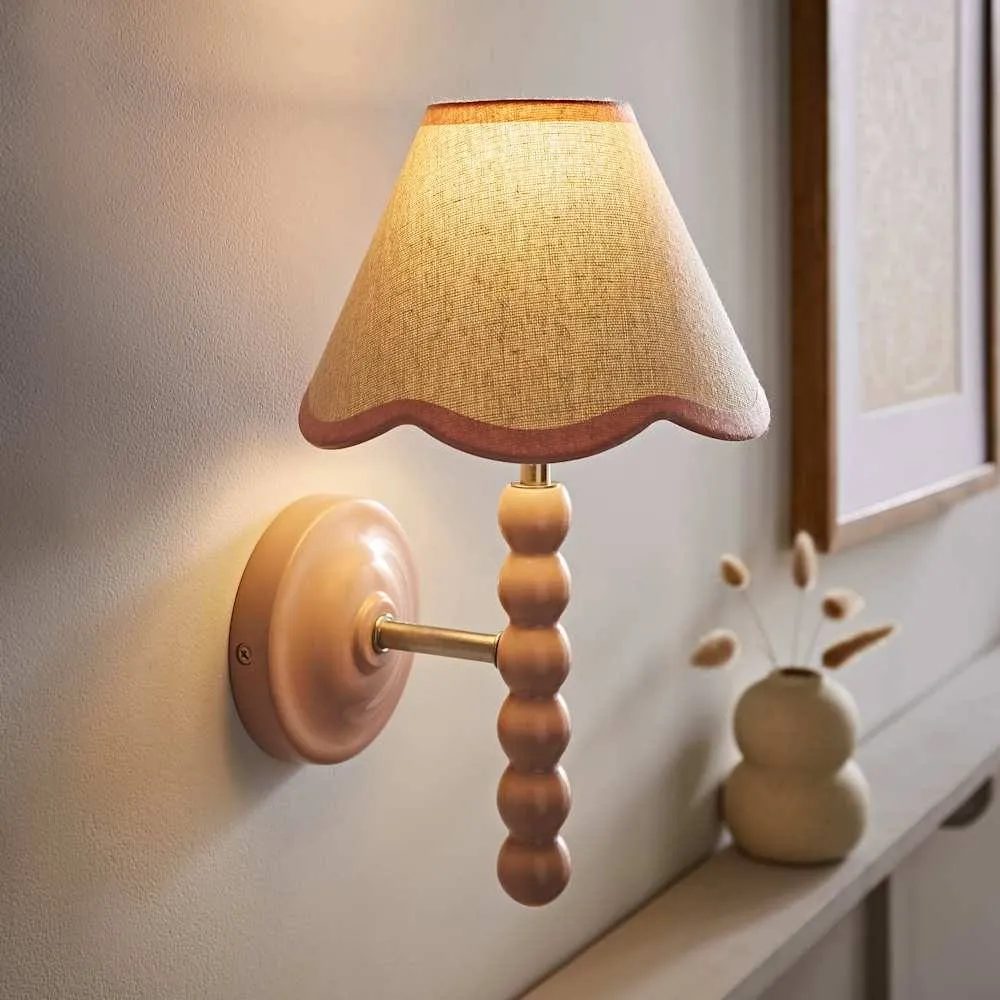 ValueLights Bobbins Pair Pink Bobble Wall Lights & Linen Pastel Trim Lamp Shades in Pale Pink 2
