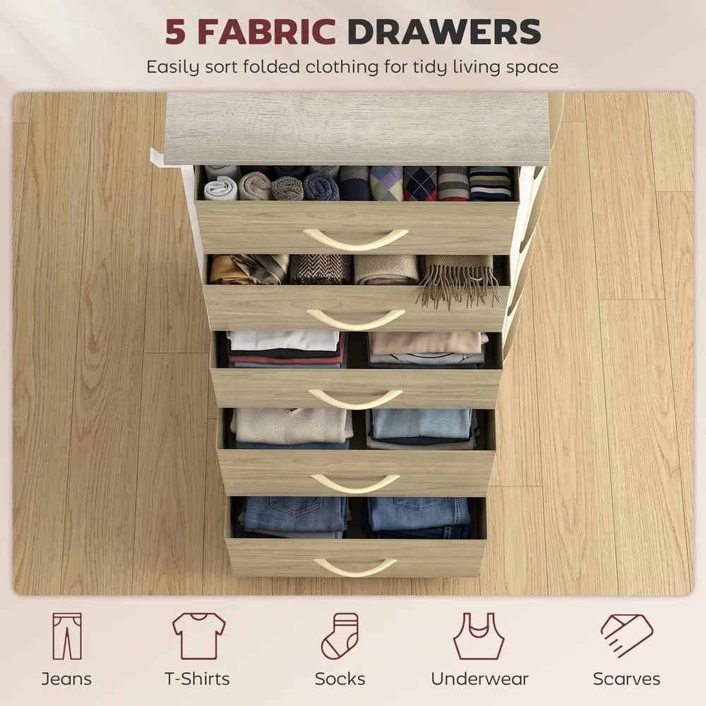 HOMCOM Fabric Chest of Drawers, 5 Drawer Dresser for Bedroom, Natural Wood 4