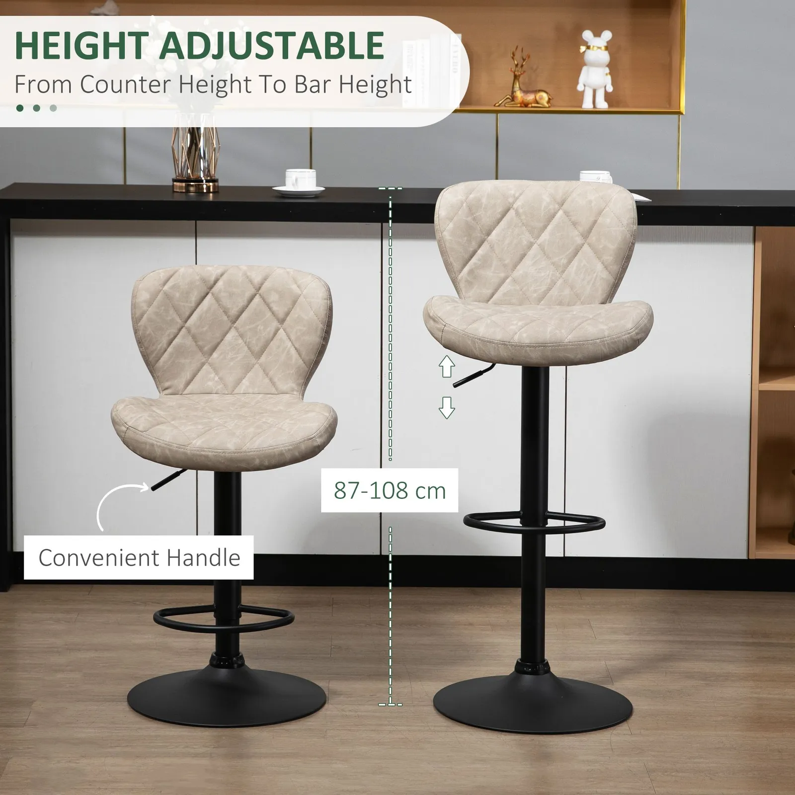 HOMCOM Bar Stools Set of 2 Swivel Barstool W/ Footrest Gas Lift for Kitchen in Khaki 5