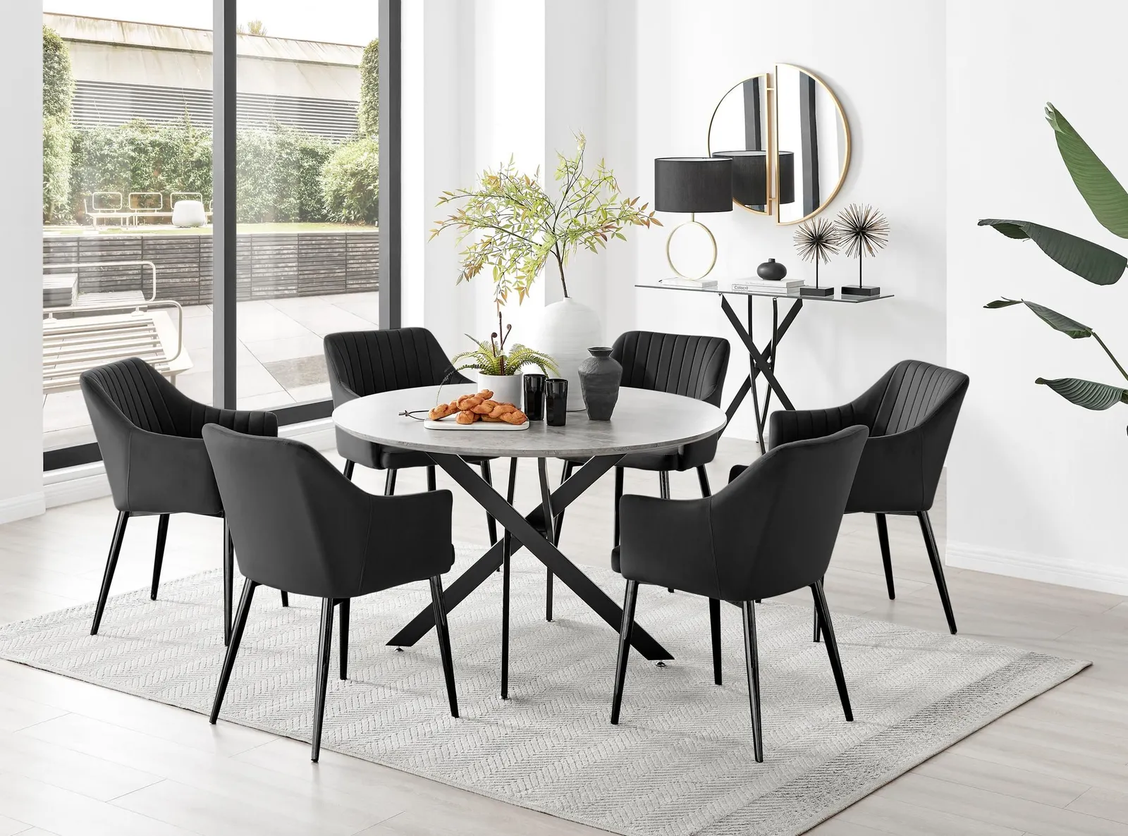 FurnitureboxUK Novara Grey Concrete Effect Black Leg 120cm Round Dining Table & 6 Calla Black Leg Chairs