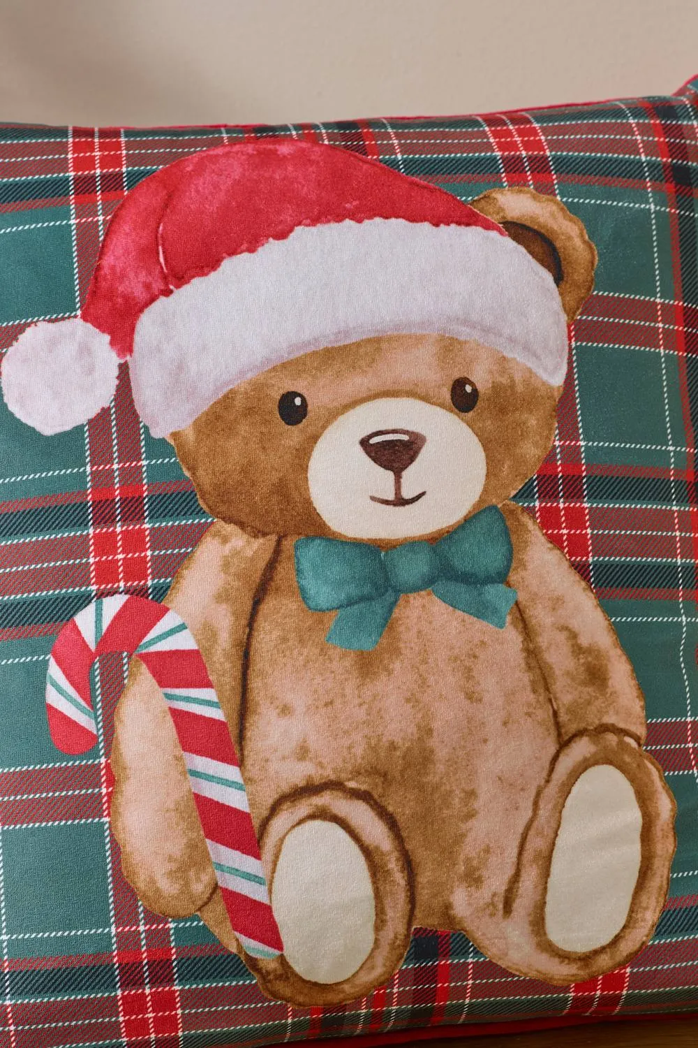 Catherine Lansfield 'Christmas Tartan Teddy Bear' Cushion in Green 2