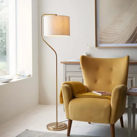 Endon Collection Clement Floor Lamp With Shade Br Aged Brass Plate Natural Linen Mix Fabric 1X E27, Gold