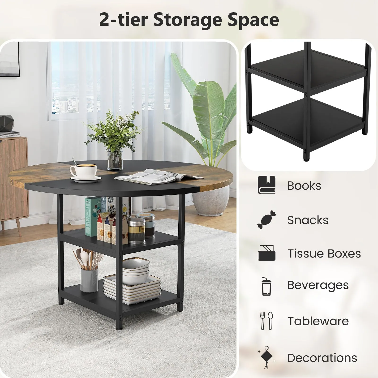 Costway Round Wooden Kitchen Table Dining Table w/ Storage Shlef 3
