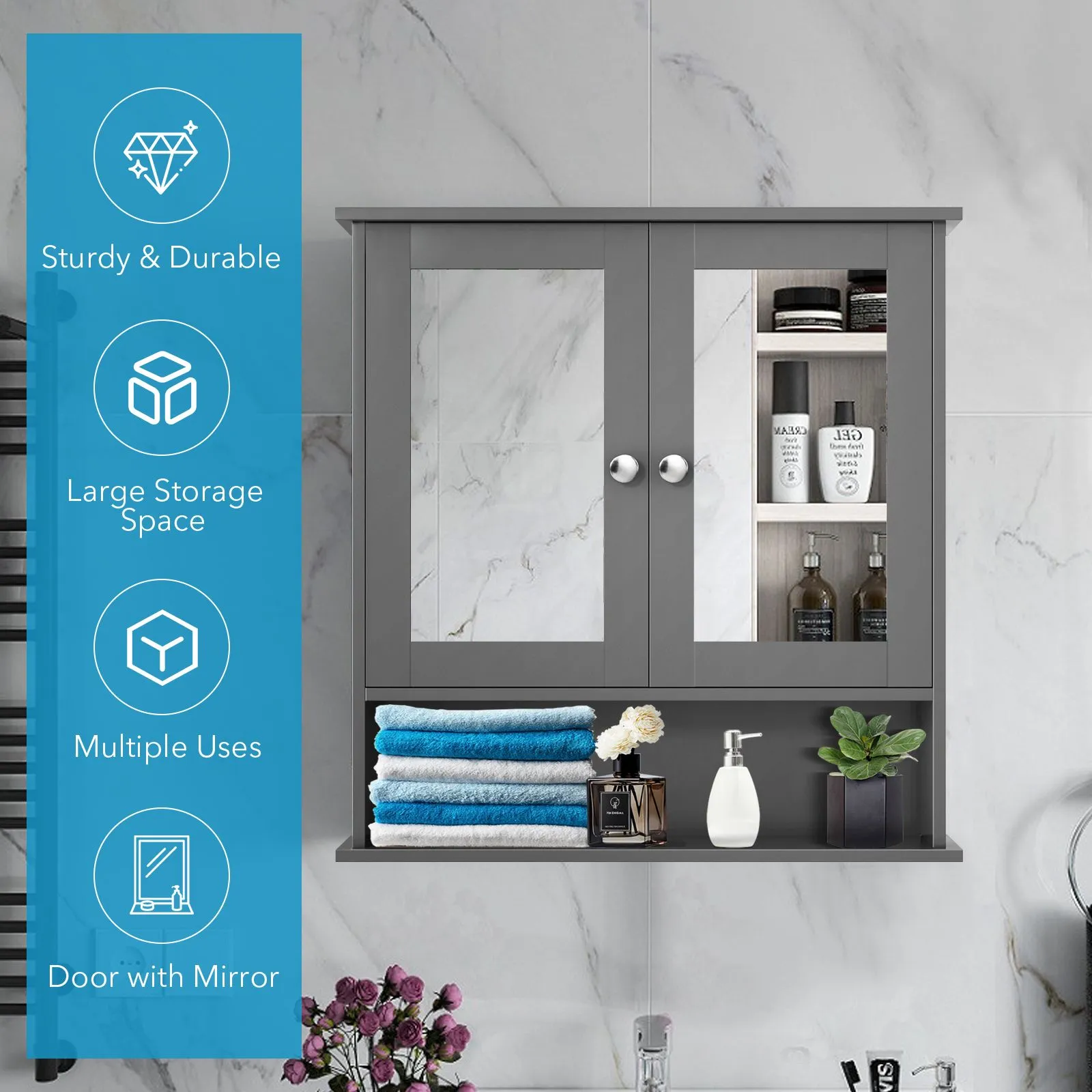 Costway Wall Mounted Bathroom Mirror Cabinet Wooden Storage Cupboard Medicine Organizer in Grey 3