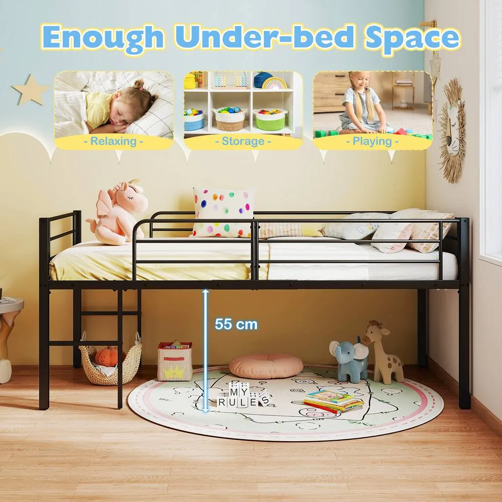 Costway Single Size Low Loft Bed Metal Bed Frame w/ Guardrails & 2 Ladders in Black 6