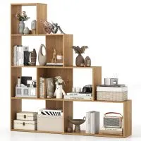 Costway 4-Tier Stepped Bookshelf Modern Ladder Bookcase w/6 Storage Cubes in Natural 1