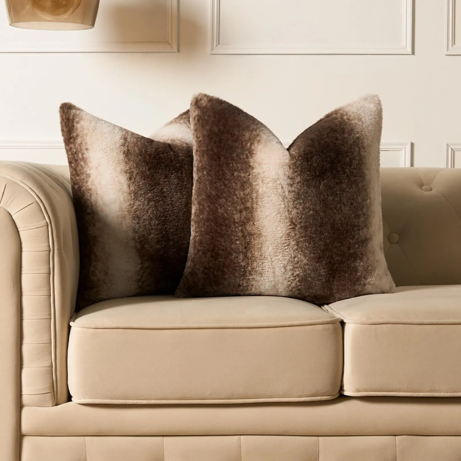 OHS 2 Pack Stripe Faux Fur Soft Fleece Cushion Covers - 45 x 45cm in Brown