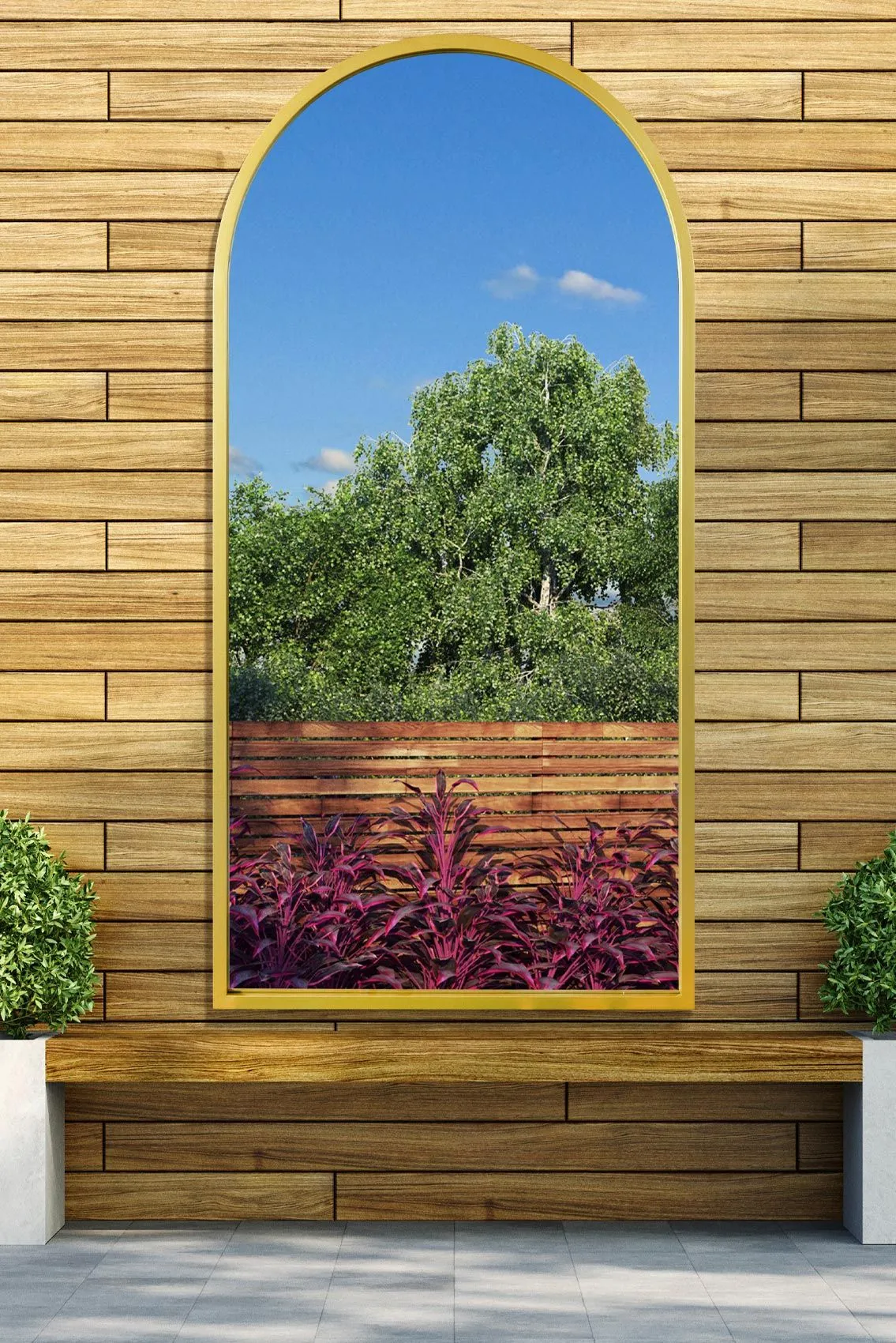 MirrorOutlet Gold Metal Framed Arched Wall Garden Mirror 55" X 27.5" (140 X 70CM)