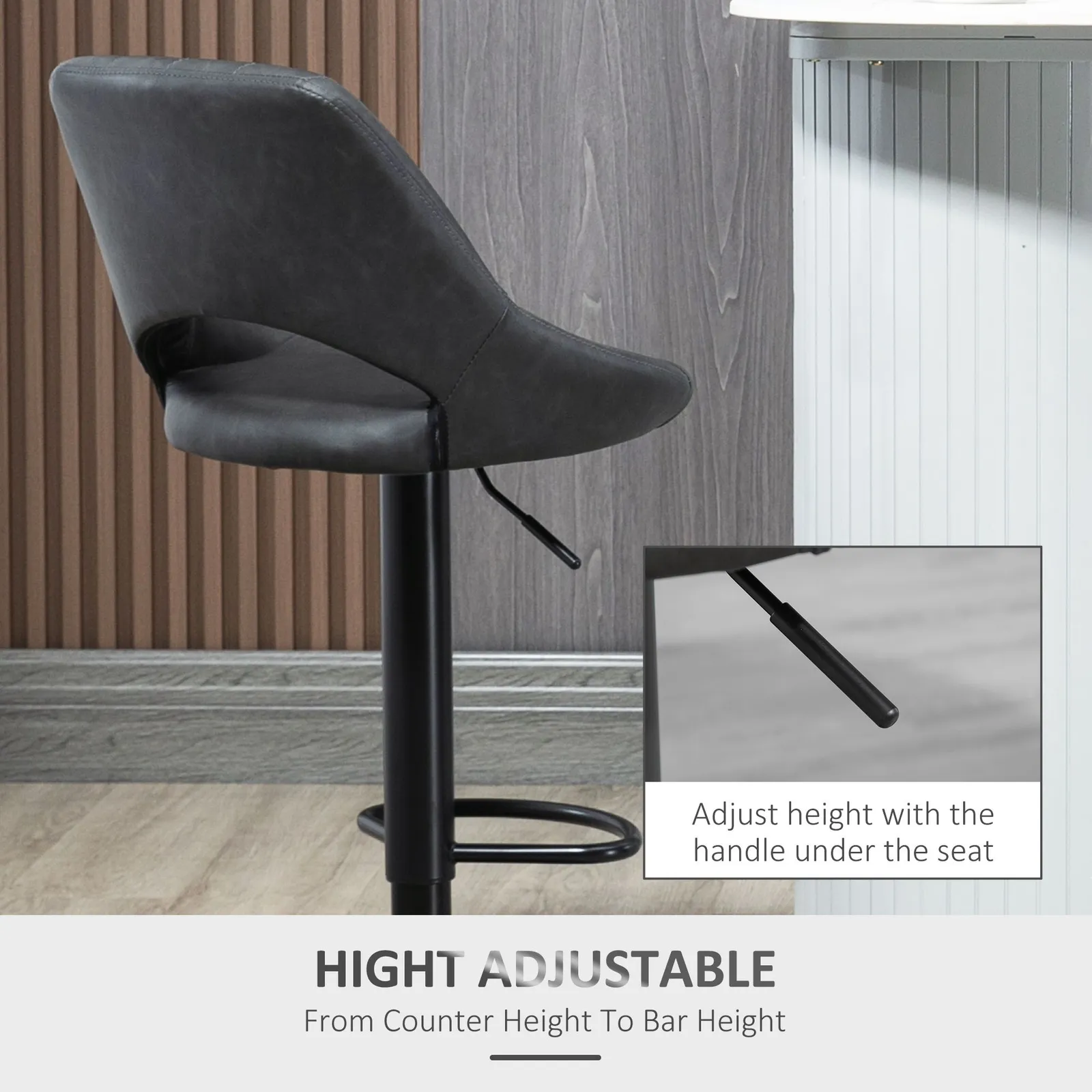 HOMCOM Barstools Set of 2 Adjustable Swivel Height PU Leather Counter Chairs in Grey 6