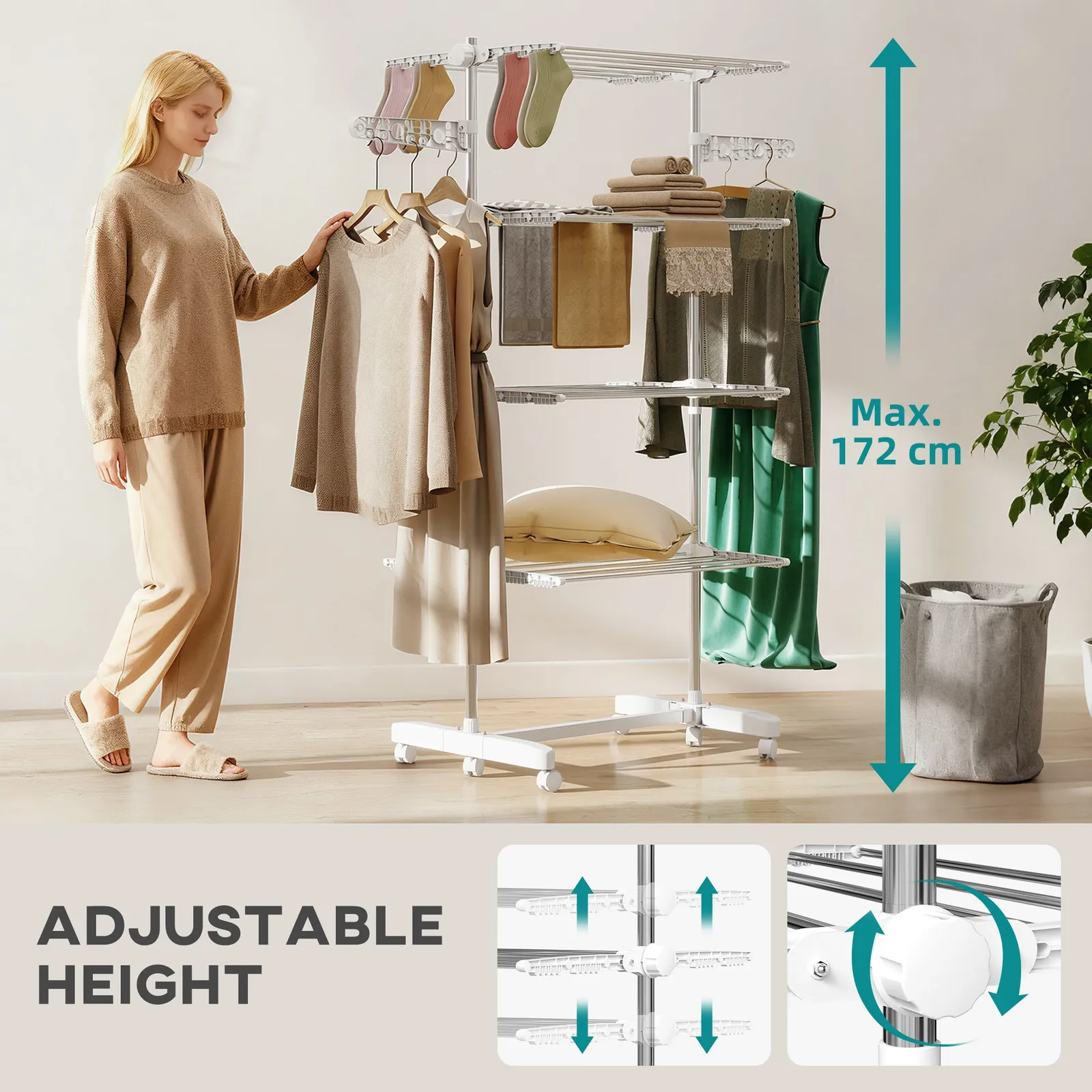 HOMCOM Large Clothes Airer Stainless Steel Clothes Drying Rack White in Silver 4