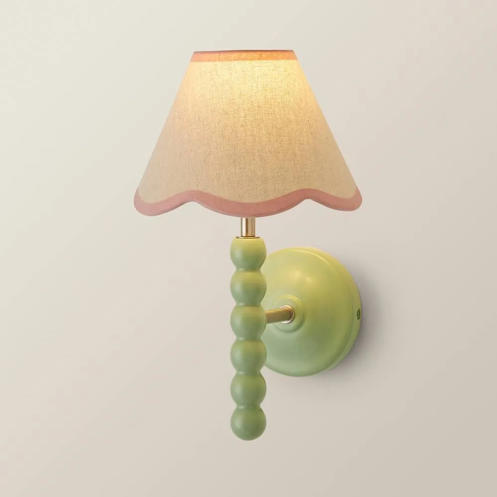 ValueLights Bobbins Sage Green Bobble Wall Light & Linen Pastel Trim Lamp Shade in Pale Pink 3