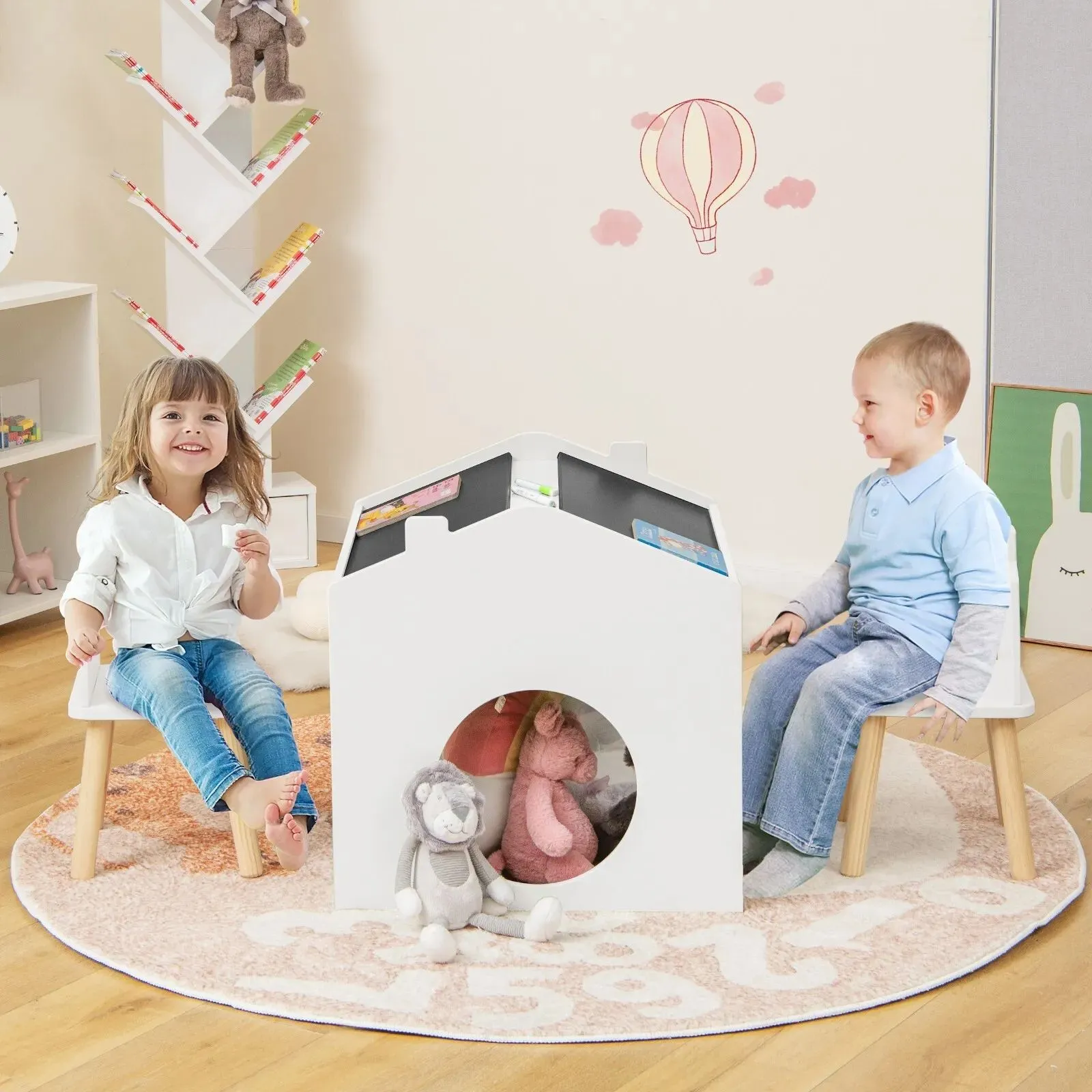 Costway Table & Chair Set Children Wooden Children Activity Desk W/ Chalkboards in White 4