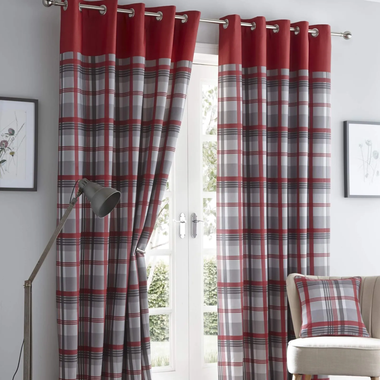 Portfolio Home Orleans Tartan Check Striped Fully Lined Eyelet Curtains 2 Panel Pair in Red 1