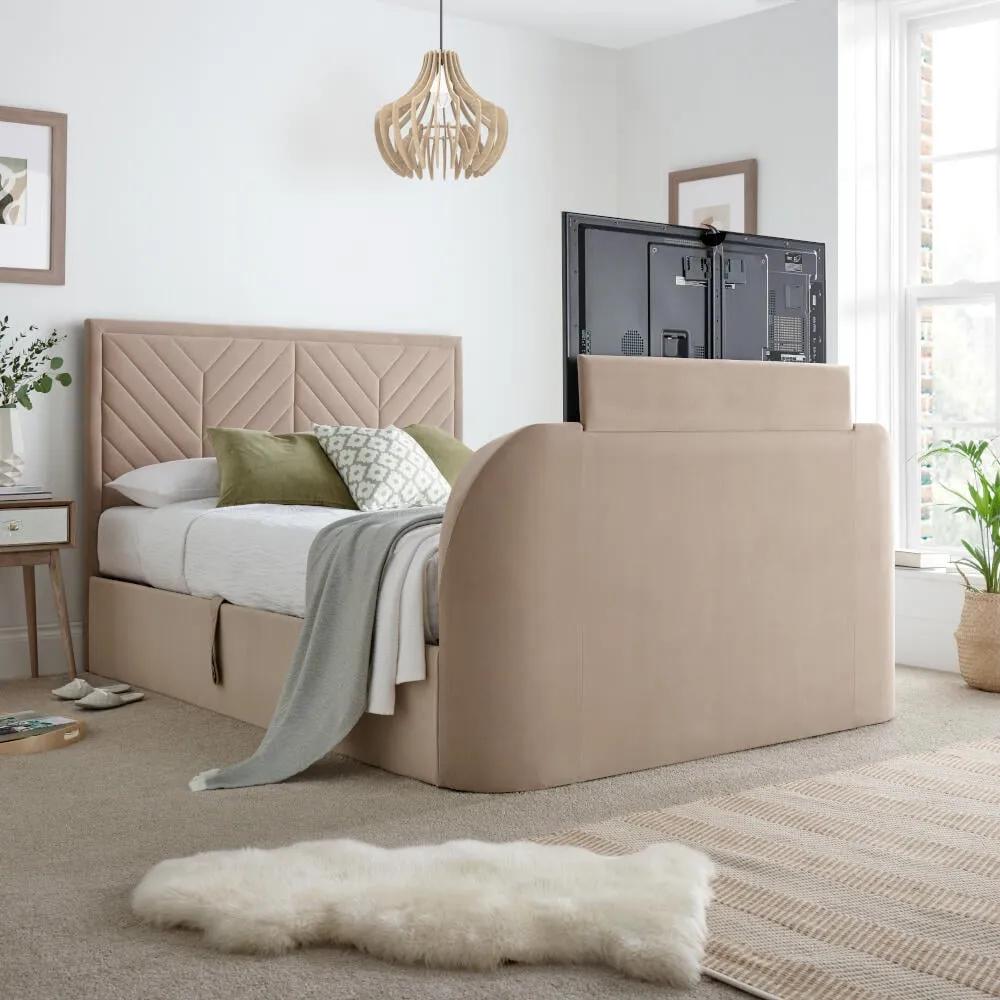 Sherlock - Double - Side-Opening Ottoman Storage Electric TV Bed - Warm Stone - Velvet - 4ft6 - Happy Beds