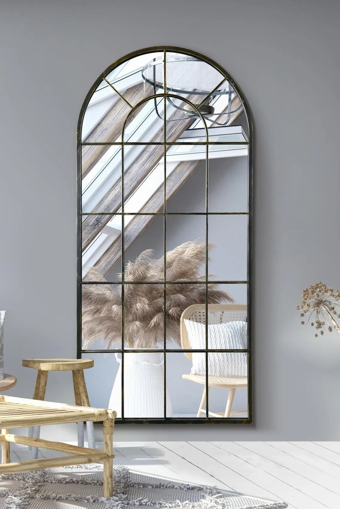 MirrorOutlet The Arcus - Antique Black Framed Arched Window Leaner/Wall Mirror 71" X 33.5" (180x85CM)
