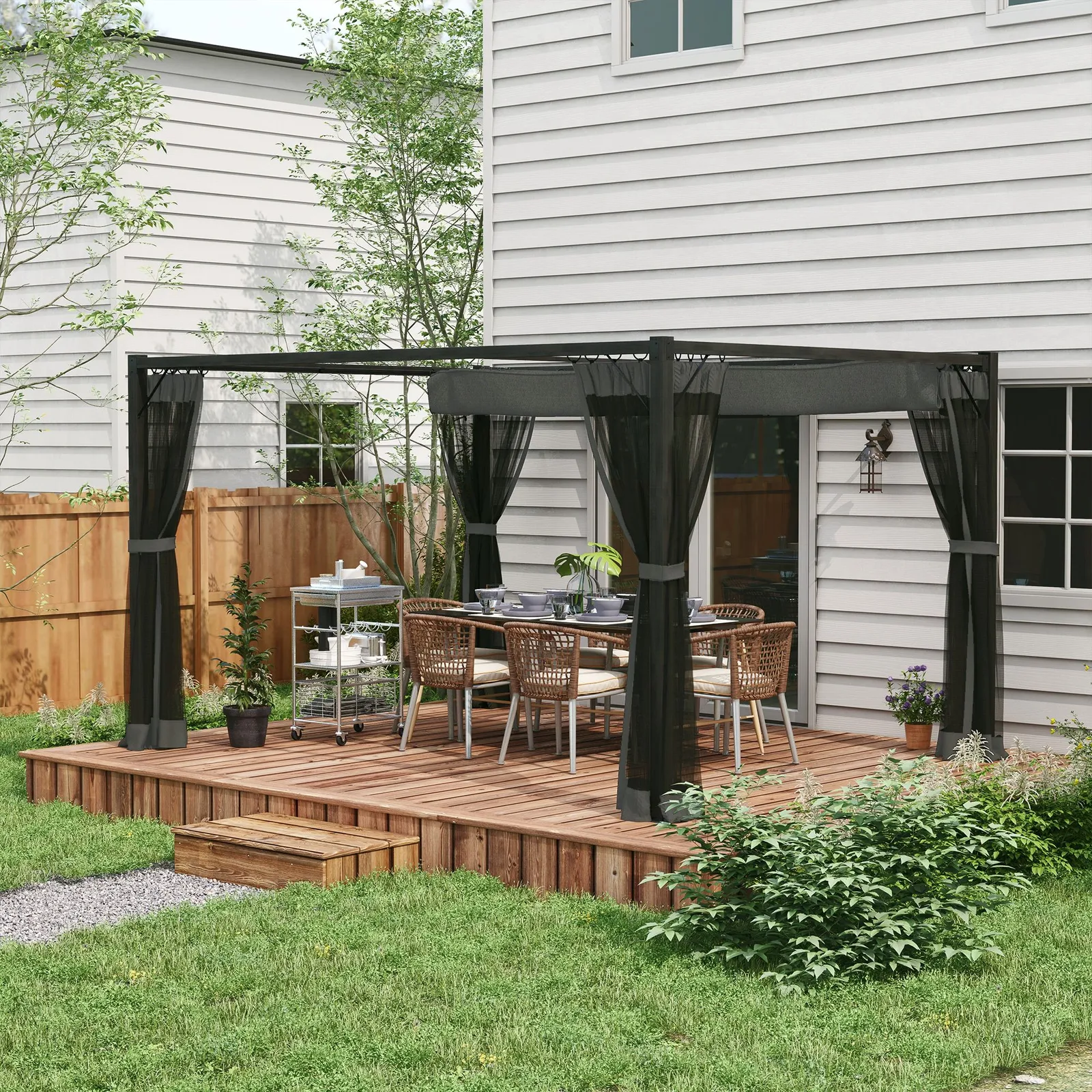 OUTSUNNY Pergola with Retractable Roof & Netting, Dark Grey 2