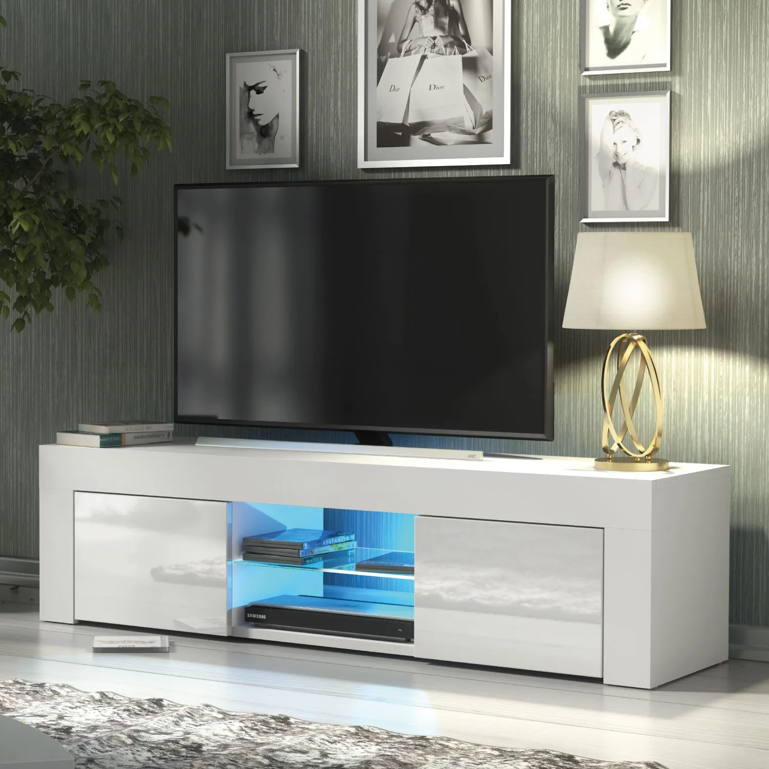 Creative Furniture Loom TV Unit 130cm - A Minimalist & Sophisticated Cabinet with Gloss Doors & LED Lights in White