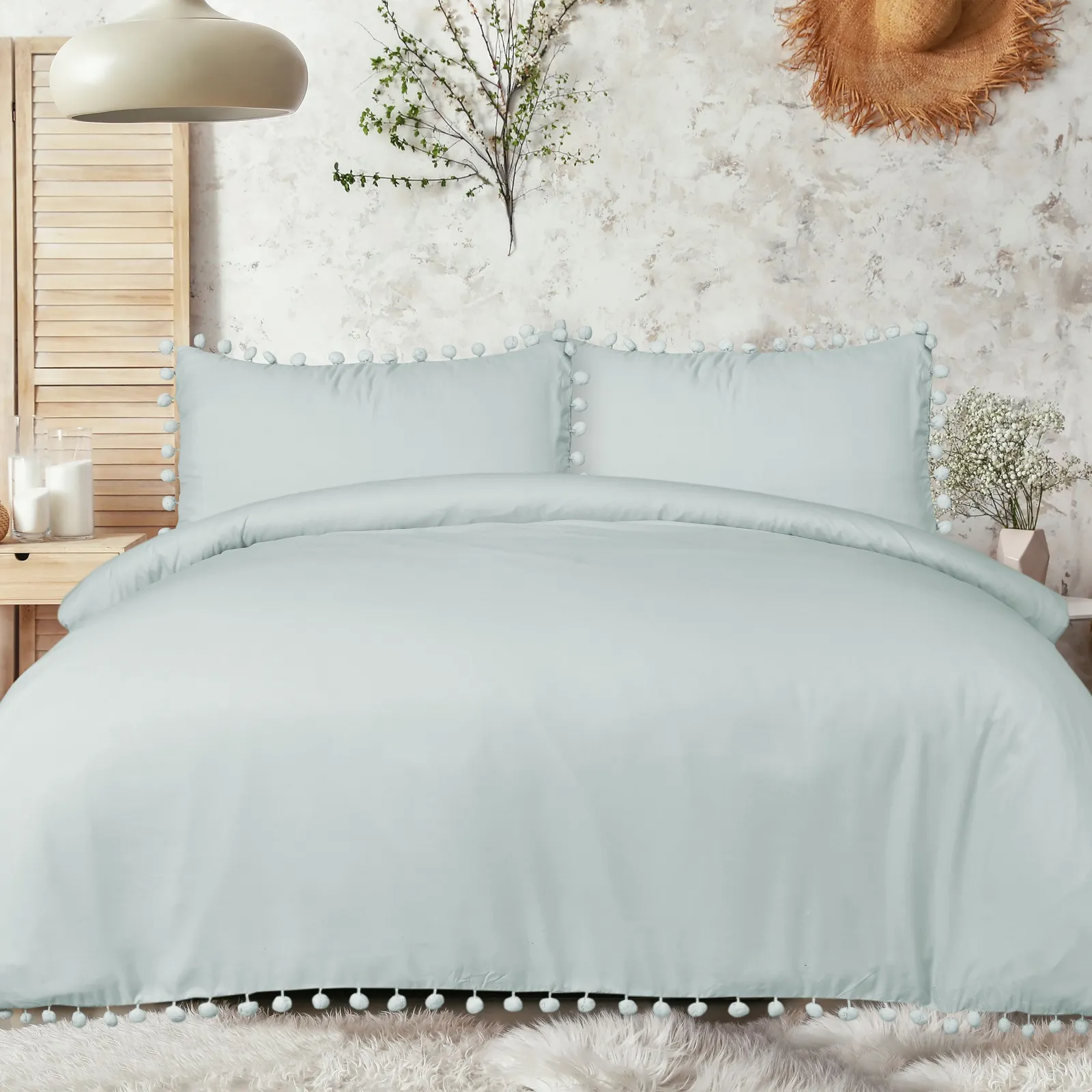 Smart Living Luxury Super Soft Pom Pom Duvet Cover & Pillowcases in Duck Egg Blue