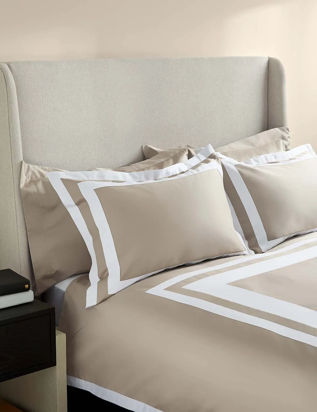M&S X Kelly Hoppen Pure Cotton Double Border Bedding Set Taupe
